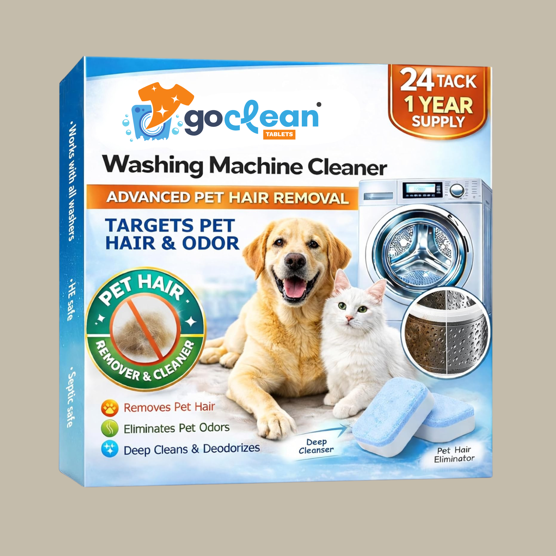Go Clean Washing Machine Cleaner Tablets – 24 Pack (1 Year Supply) | Advanced Pet Hair & Odor Remover
